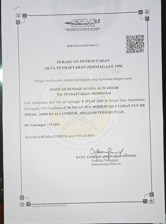 Perakuan pendaftaran SSM SRA Al-Wardah